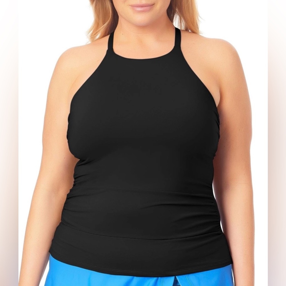 Anne Cole Tankini Top Women 24W Black High Neck‎ Ruched Swim Top
